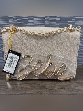 bebe Cream Crossbody Bag with Gold Logo Chain
